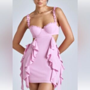 Panelled ruffle mini dress in baby pink